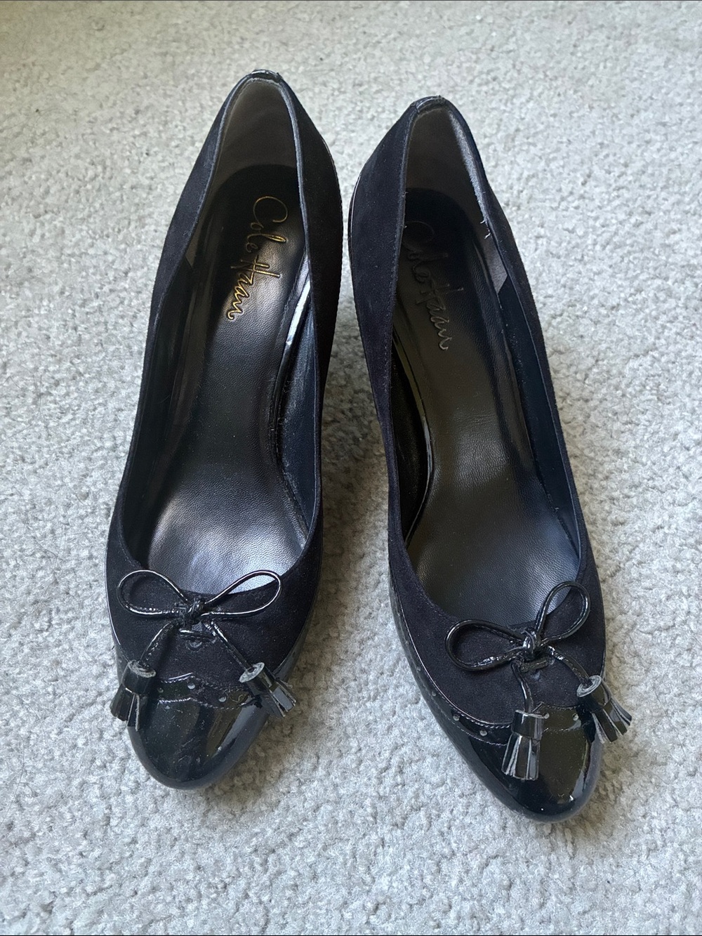 Cole Haan Womens Black Suede Patent Leather Pump Heels Front Bow